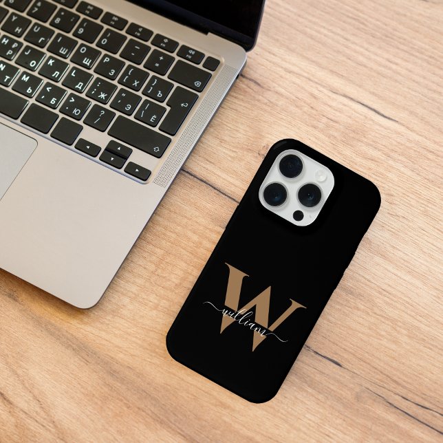 Einfache schwarze Gold-Typografie Monogram-Skriptb iPhone 15 Pro Hülle (Von Creator hochgeladen)