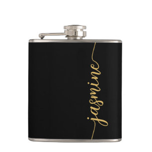 Einfache schwarze goldene Mädchenmonogramm-Namensu Flachmann