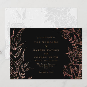 Einfache Schwarze Kupfer Elegante Blumenhochzeit Einladung
