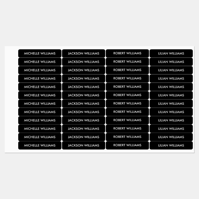 Einfache SCHWARZE KUSTOM Kids Name Etiketten (Blatt)