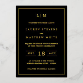 Einfache Schwarze Monogramm Elegante Hochzeit Folieneinladung