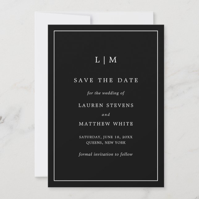 Einfache Schwarze Monogramm Elegante Hochzeit Save The Date (Vorderseite)