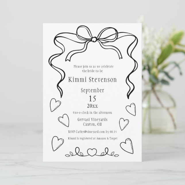 Einfache schwarze Ribbon Herz Bridal Dusche Einlad Einladung (Stehend Vorderseite)