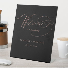 Einfache Schwarze Rose Gold Script Hochzeitsempfan Sockelschild