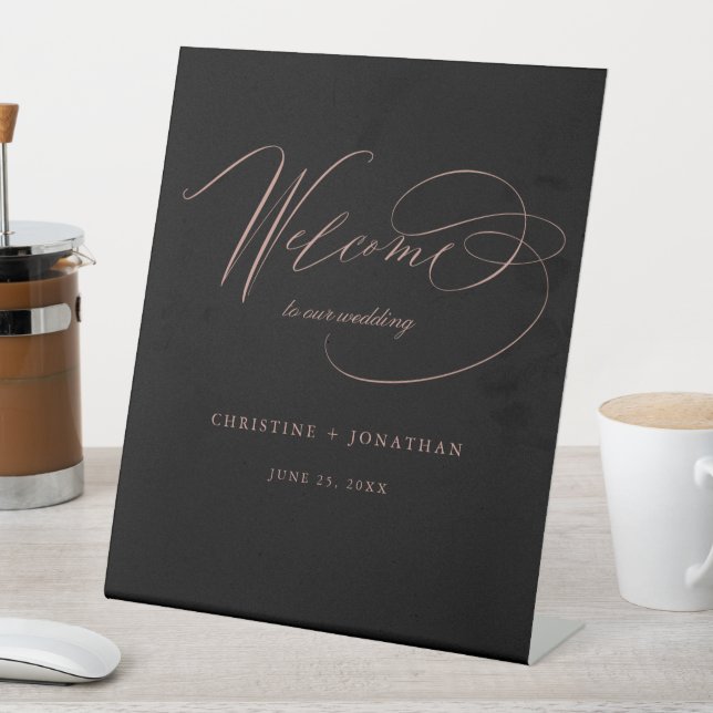 Einfache Schwarze Rose Gold Script Hochzeitsempfan Sockelschild (In Situ)