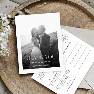 Einfache schwarze weiße Foto-Hochzeit Danke Postkarte