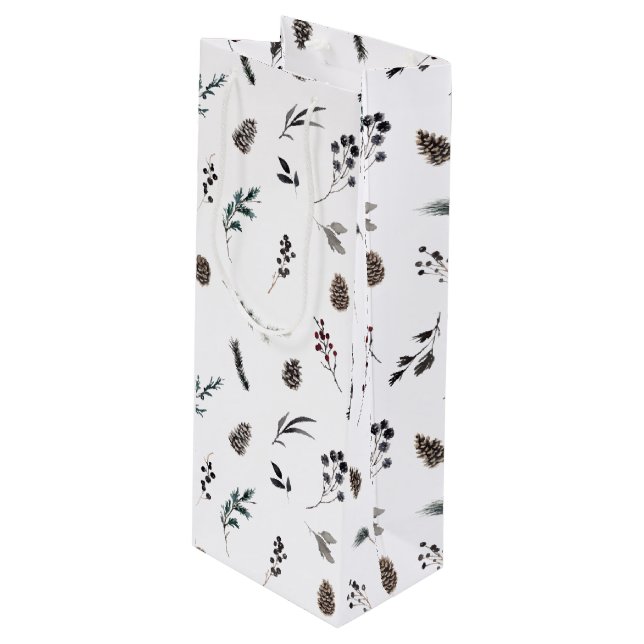 Einfache Schwarze Winter Pineca Geschenktüte Für Weinflaschen (Vorderseite Schrägansicht)
