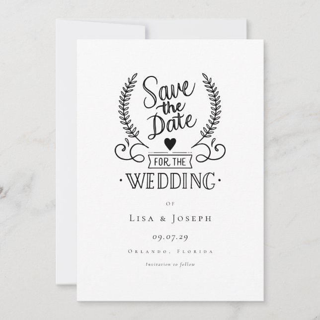 Einfache Schwarzweiß-Schrift Save the Date (Vorderseite)
