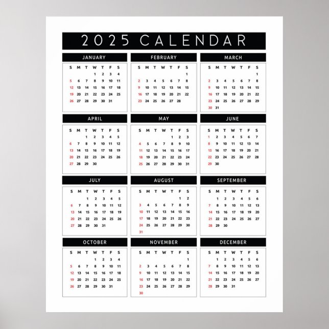 Einfache Schwarzweiß-Version 2025-Kalender Poster (Vorne)