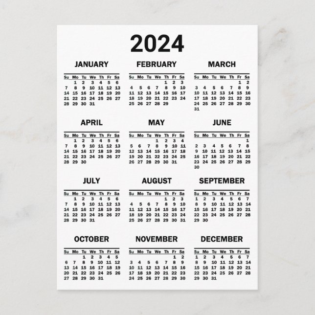 Einfache Schwarzweiß/Weiß 2024 Jahr im Überblick Postkarte (Vorderseite)