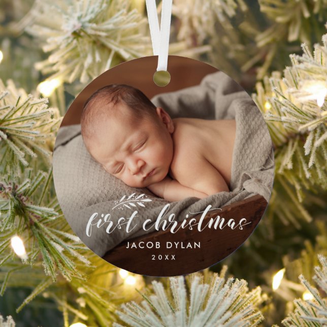 Einfache Script Baby's First Christmas Foto Holida Ornament Aus Metall (InSitu)