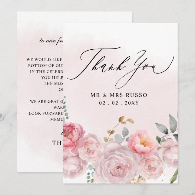 Einfache Script Elegant Blush Floral Wedding Dankeskarte (Vorne/Hinten)