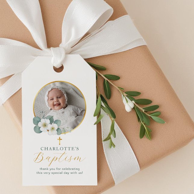 Einfache Script-Foto-Taufe | Personalisiert Geschenkanhänger (Baptism Favor Tag)