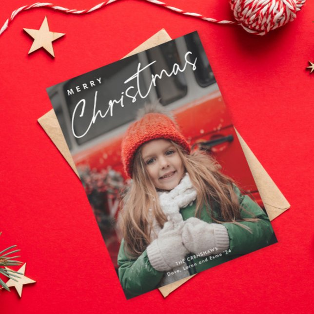 Einfache Script Frohe Weihnachten 3 Foto (Simple Merry Christmas Script 3 Photo Holiday Card.)
