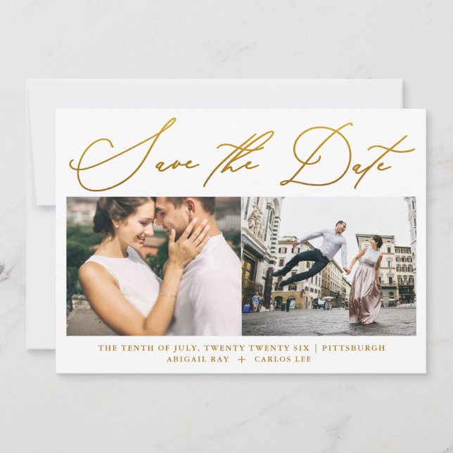 Einfache Script-Imitat Gold Zwei Foto Moderne Save The Date (Vorderseite)