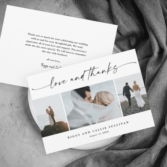 Einfache Script-Liebe und Dank 3 Foto Hochzeit Dankeskarte (Elegant script love and thanks black and white modern 
 minimal wedding photo thank you card.)