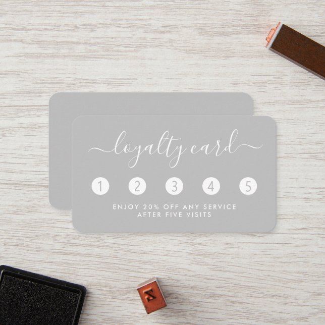 Einfache Script Loyalty Card - Silver & White Treuekarte (Vorderseite/Rückseite Beispiel)