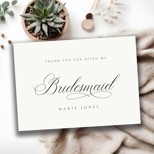 Einfache Script Minimal Schwarz & Weiß Bridesmaid Dankeskarte (Von Creator hochgeladen)