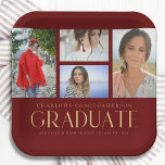 Einfache Script Multi Foto Grad Graduierungspartei Pappteller<br><div class="desc">Simple Script Multi Foto Grad Graduation Party Paper Tellers Tableware verfügt über vier Ihrer Lieblings-Fotos Ihrer Uni oder High School Absolventen auf der Vorderseite mit dem eleganten modernen Gold-Kalligraphie-Skript "Graduate" Overlay. Personalisieren mit Namen,  Klasse und Schule oder Uni. Einfach,  stilvoll und elegant. Erstellt von ©Evco Studio www.zazzle.com/store/evcostudio</div>