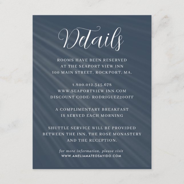 Einfache Script Navy Blue Wedding Details Begleitkarte (Vorderseite)