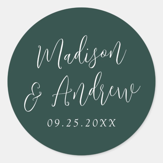 Einfache Script Personalisiert Forest Green Weddin Runder Aufkleber (Vorderseite)