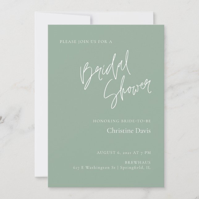 Einfache Script Sage Green Bridal Dusche Einladung (Vorderseite)