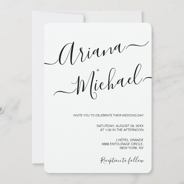 Einfache Script Schwarz-weiße Lässig Chic Hochzeit Einladung (Vorderseite)