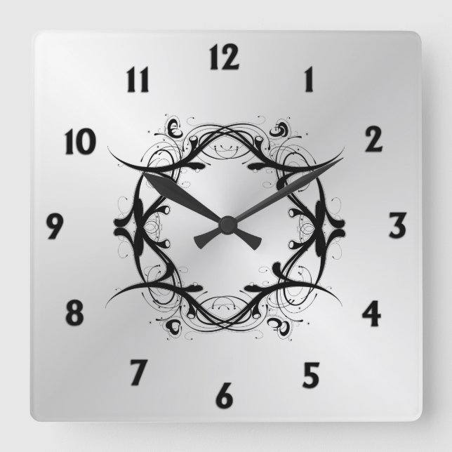 Einfache Scroll Silver Face Schwarze Zahlen Quadratische Wanduhr (Vorderseite)