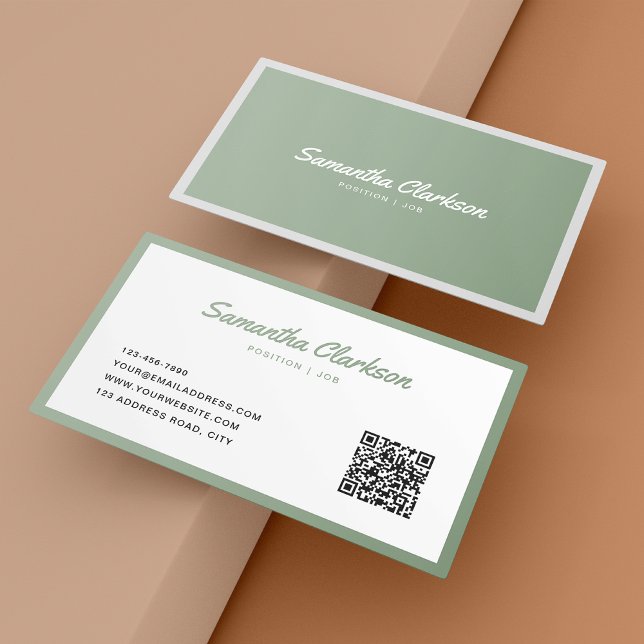 Einfache Seite Green Curry Script Border QR Code Visitenkarte (Von Creator hochgeladen)