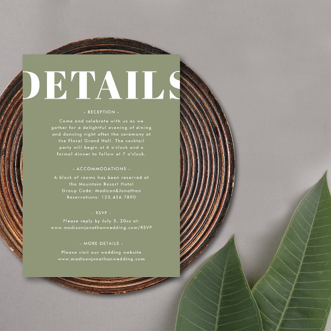 Einfache Seite Grün fett Moderne Hochzeitsdetails Begleitkarte (Front)