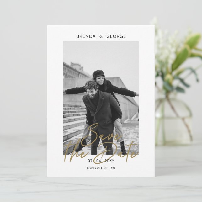 Einfache Signatur Minimalistisches Foto Save the D Save The Date (Stehend Vorderseite)