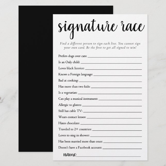 Einfache Signaturrennen | Schwarz-Weiß-Spielkarte (Vorne/Hinten)