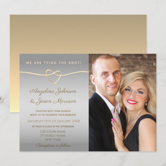 Einfache Silber- und Gold-Foto-Hochzeit Einladung (Vorne/Hinten)