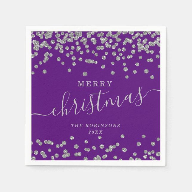 Einfache Silber Weihnachtsfeiertage Glitzer Lila Serviette (Vorderseite)