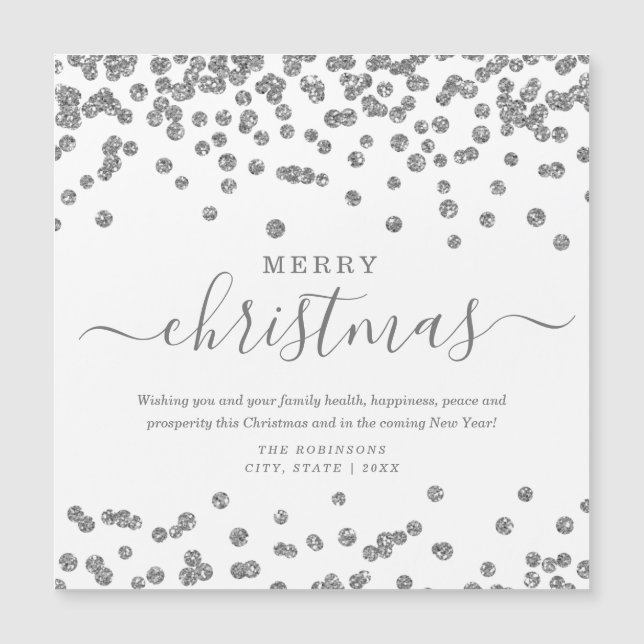 Einfache Silber Weihnachtsfeiertage Glitzer Weiß Magnetkarte (Vorderseite)