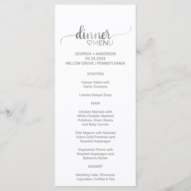 Einfache Silver Calligraphy Wedding Dinner Menu Ca Menükarte (Vorderseite)