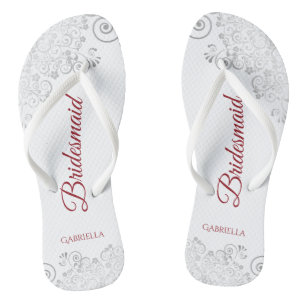 Einfache Silver Lace & Red Script Brautmädchen Hoc Flip Flops