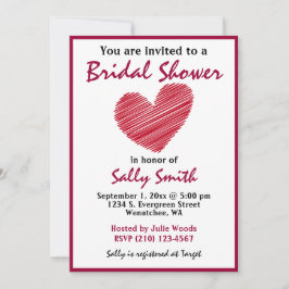 Einfache Sketchy Red Heart Bridal Dusche Einladung