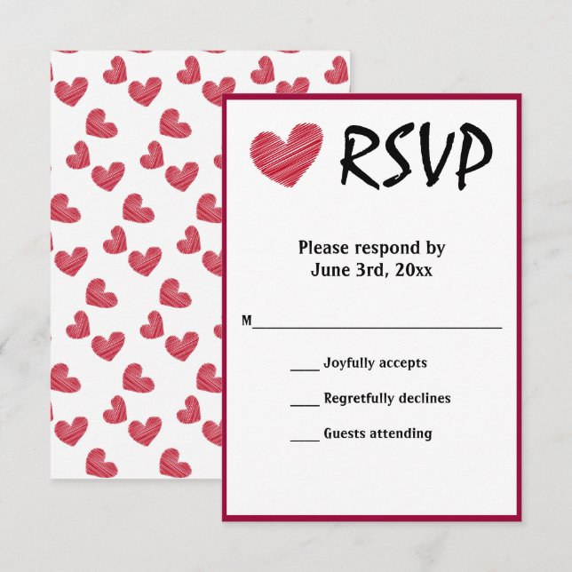 Einfache Sketchy Red Heart Wedding RSVP Karte (Vorne/Hinten)