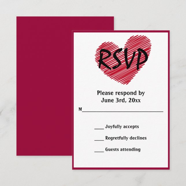 Einfache Sketchy Red Heart Wedding RSVP Karte (Vorne/Hinten)