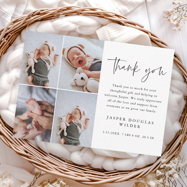 Einfache Skript-Collage Baby-Foto Dankeskarte (Modern script photo collage baby thank you cards.)