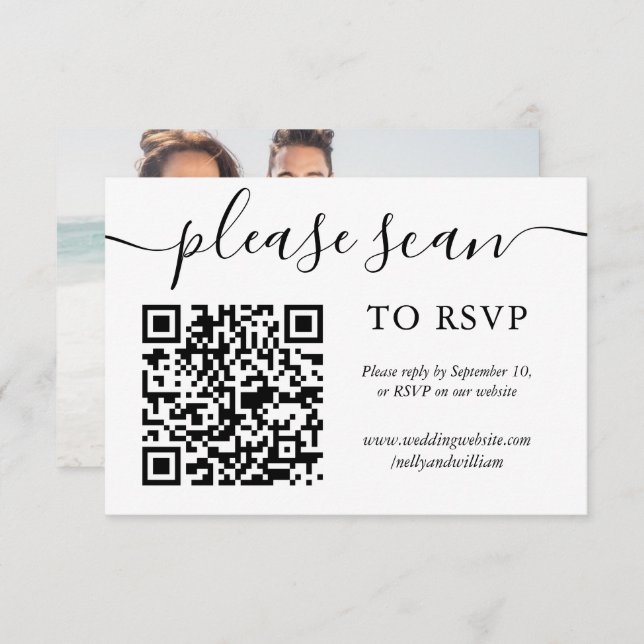 Einfache Skript-Foto-Hochzeiten RSVP QR-Code-Karte (Vorne/Hinten)