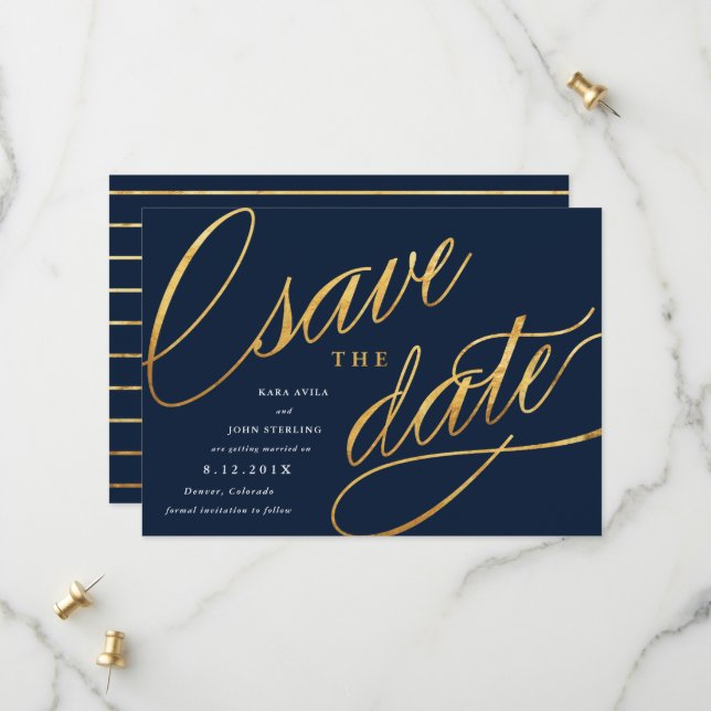 Einfache Skript Save the Dates | Marineblau & Gold Date (Vorderseite/Rückseite Beispiel)