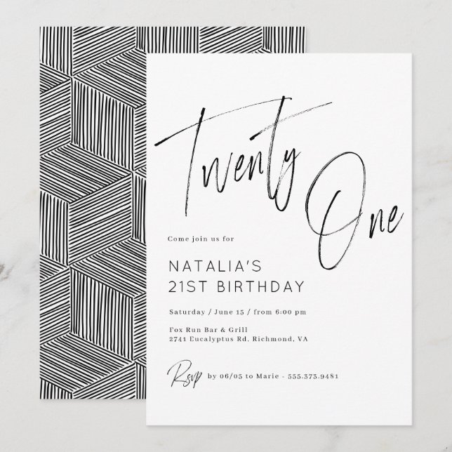 Einfache Skripte Moderne Schwarz und Weiß 21. Gebu Einladung (Vorne/Hinten)