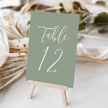 Einfache Skriptsprache Grüne Hochzeit Tischnummer<br><div class="desc">Elegante Hochzeitsszenarien mit der Tischnummer, die in einem einfachen, weißen Skript mit einem sage-grünen Hintergrund angezeigt wird. Die Text- und Hintergrundfarben können mithilfe der Editierwerkzeuge auf Ihre Hochzeitsfarben geändert werden. Um diese Tischkarten zu bestellen, editieren Sie die Karte individuell mit der Nummer und fügen Sie sie Ihrem Warenkorb hinzu. Wiederholen...</div>