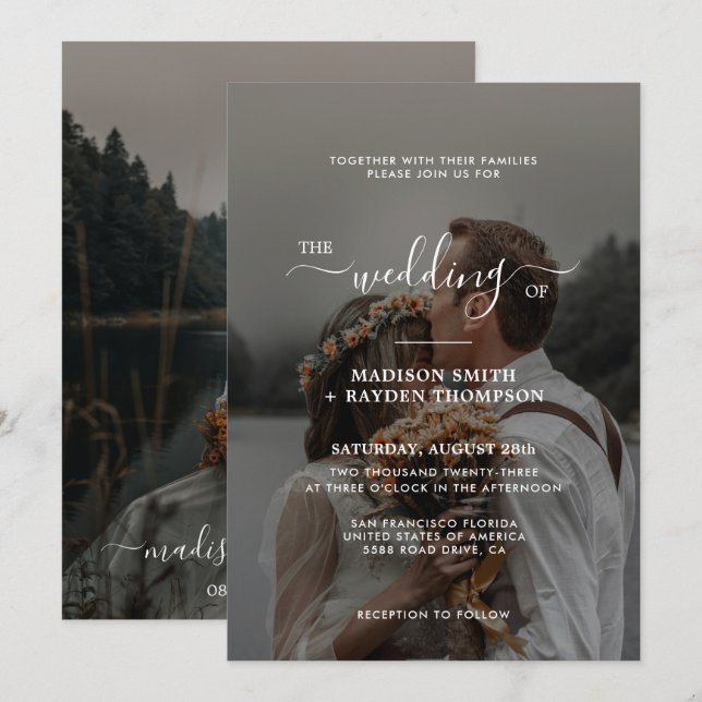 Einfache Skriptüberlagerung 2 Foto Hochzeit Einladung (Vorne/Hinten)