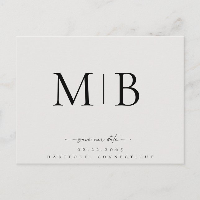 Einfache Sleek Monogram Beige Rette unser Date Wed Ankündigungspostkarte (Vorderseite)