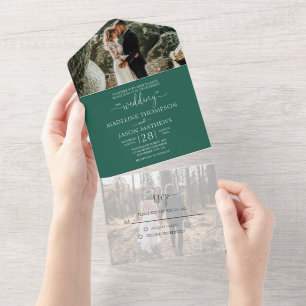 Einfache Smaragdgrüne 2-Foto-RSVP-Hochzeit All In One Einladung