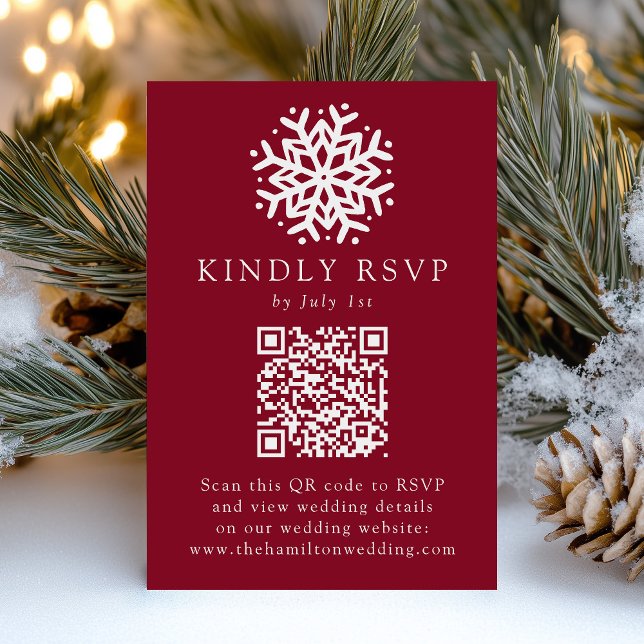 Einfache Snowflake Burgund QR Code Hochzeit RSVP Karte (Von Creator hochgeladen)