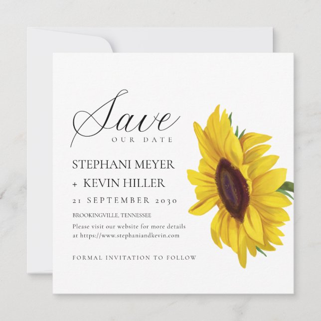 Einfache Sonnenblume Elegante Script Hochzeit Save The Date (Vorderseite)